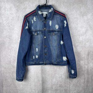 Crave Fame Distressed Denim Jacket Size L with Red Shoulder Stripes